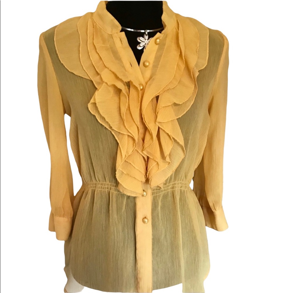 Drama Women’s Romantic Yellow Ruffle Sheer 3/4 Sleeve Button Up Blouse Medium